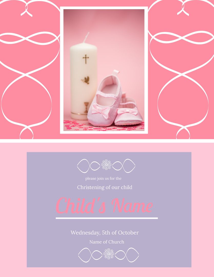 Elegant Pink Christening Invite with Baby Shoes and Candle Design - Download Free Stock Templates Pikwizard.com