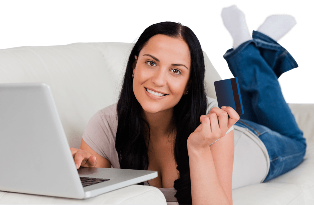 Woman Relaxing on Sofa Using Laptop and Credit Card Transparent Background