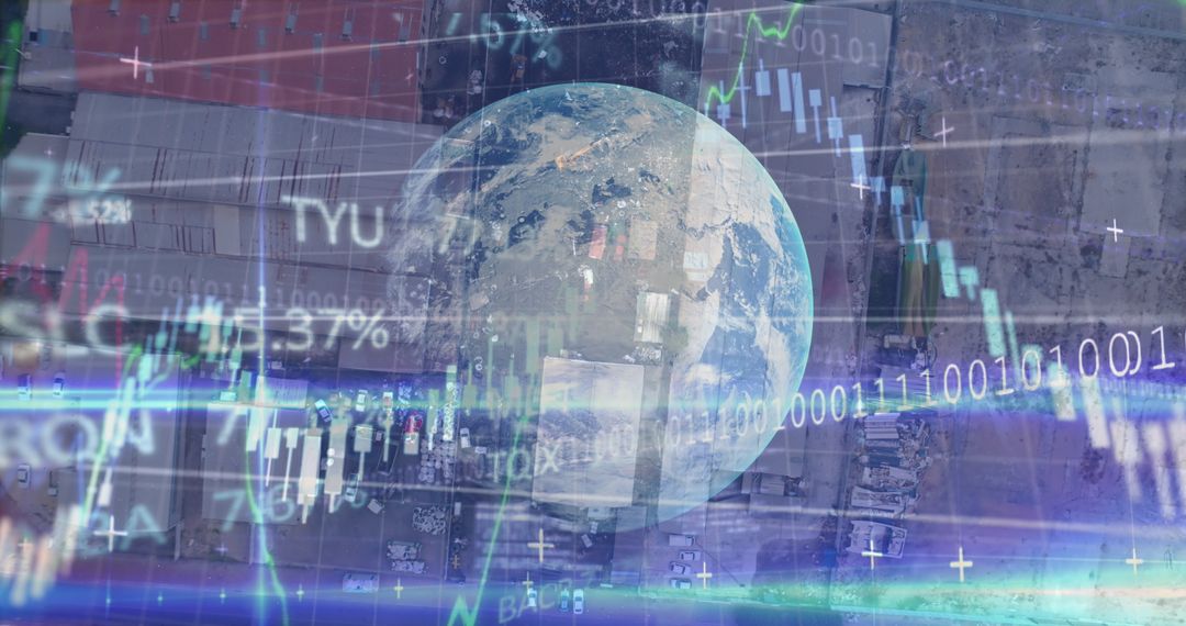 Global Financial Data Over Cityscape and Earth