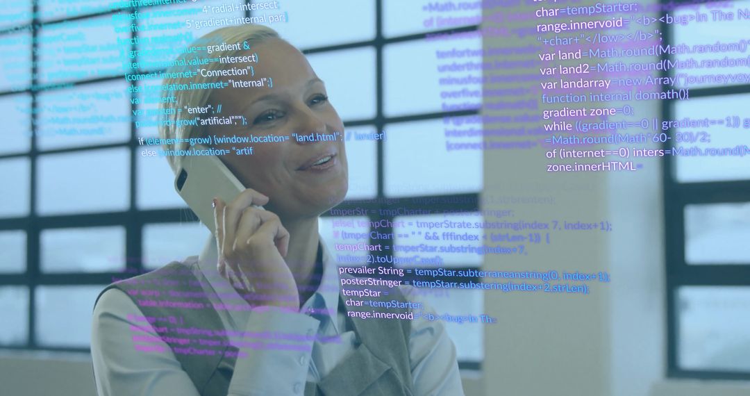 Female Architect Discussing on Smartphone with Data Overlay