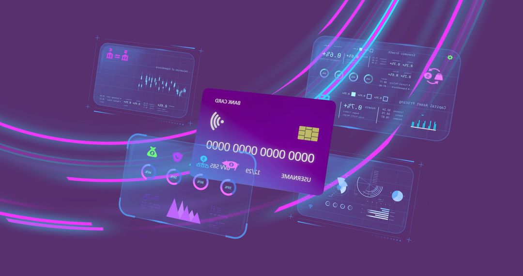 Digital Credit Card and Data Screens on Purple Background Illustrating Online Banking - Free Images, Stock Photos and Pictures on Pikwizard.com