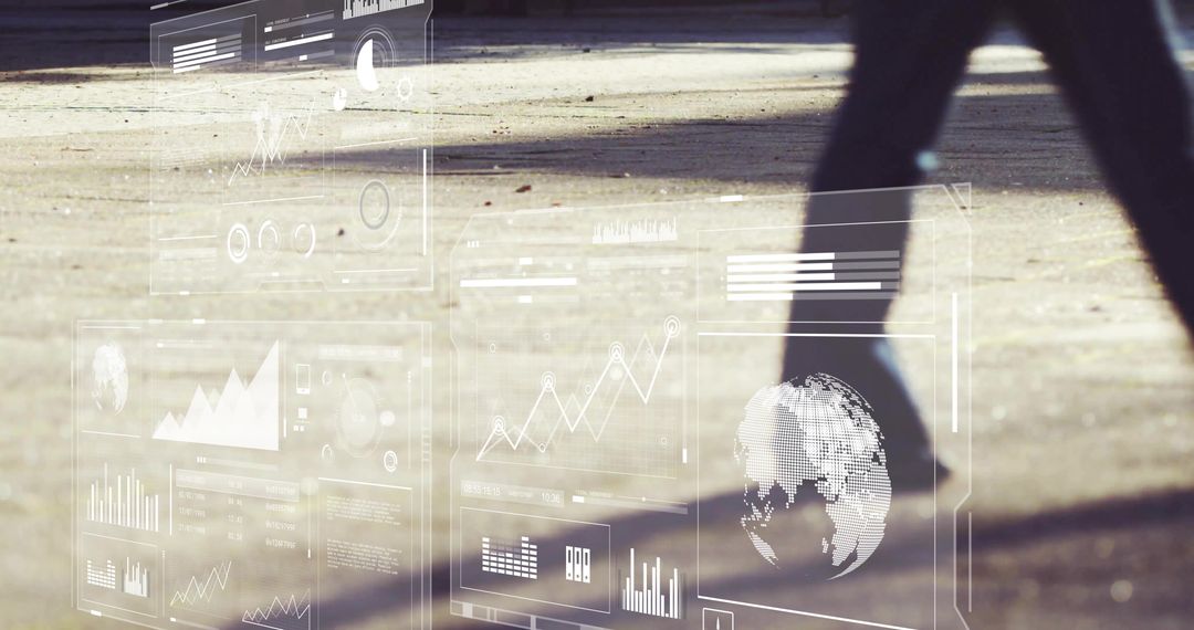 Urban Commuter Walking Through Floating Analytics HUD Casting Long Shadows on Pavement