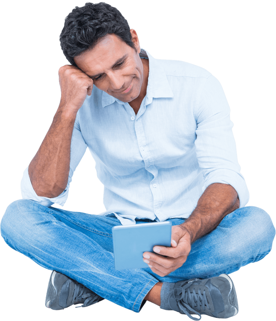 Smiling Man Engaged with Digital Tablet on Transparent Background