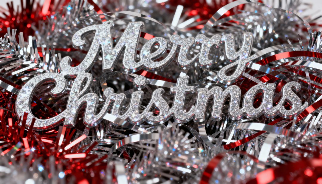 Shimmering Silver Merry Christmas Ornament Resting on Red and Silver Metallic Tinsel