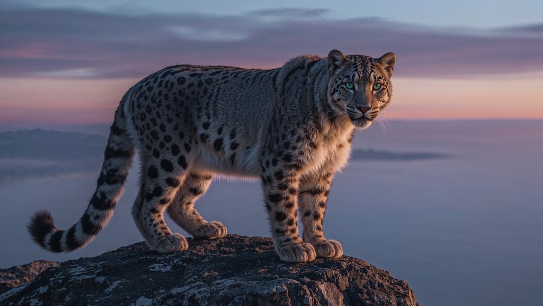 Snow Leopard on Rocky Mountain during Dusk