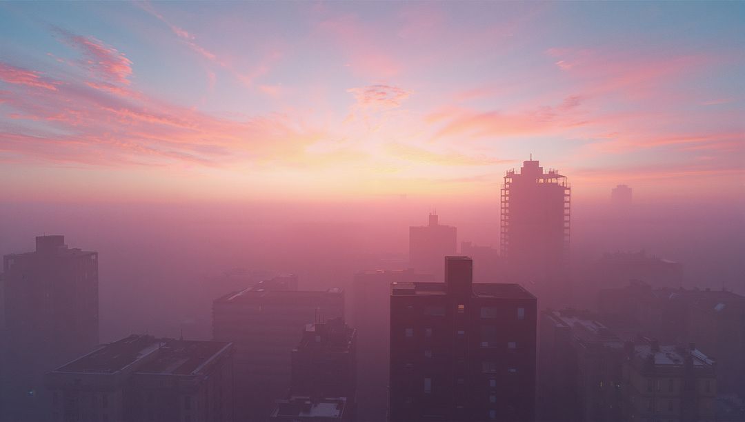 Sunrise Silhouetted Megacity Skyline with Scaffolding Tower