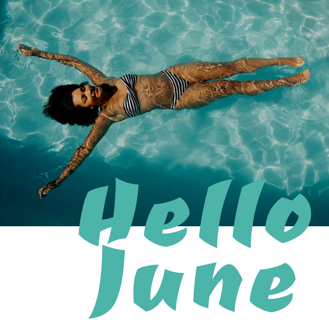 Happy African American Woman Floating in Pool with 'Hello June' Text - Download Free Stock Templates Pikwizard.com