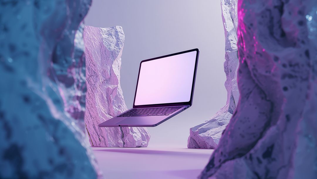 Futuristic Floating Laptop Between Abstract Stone Pillars