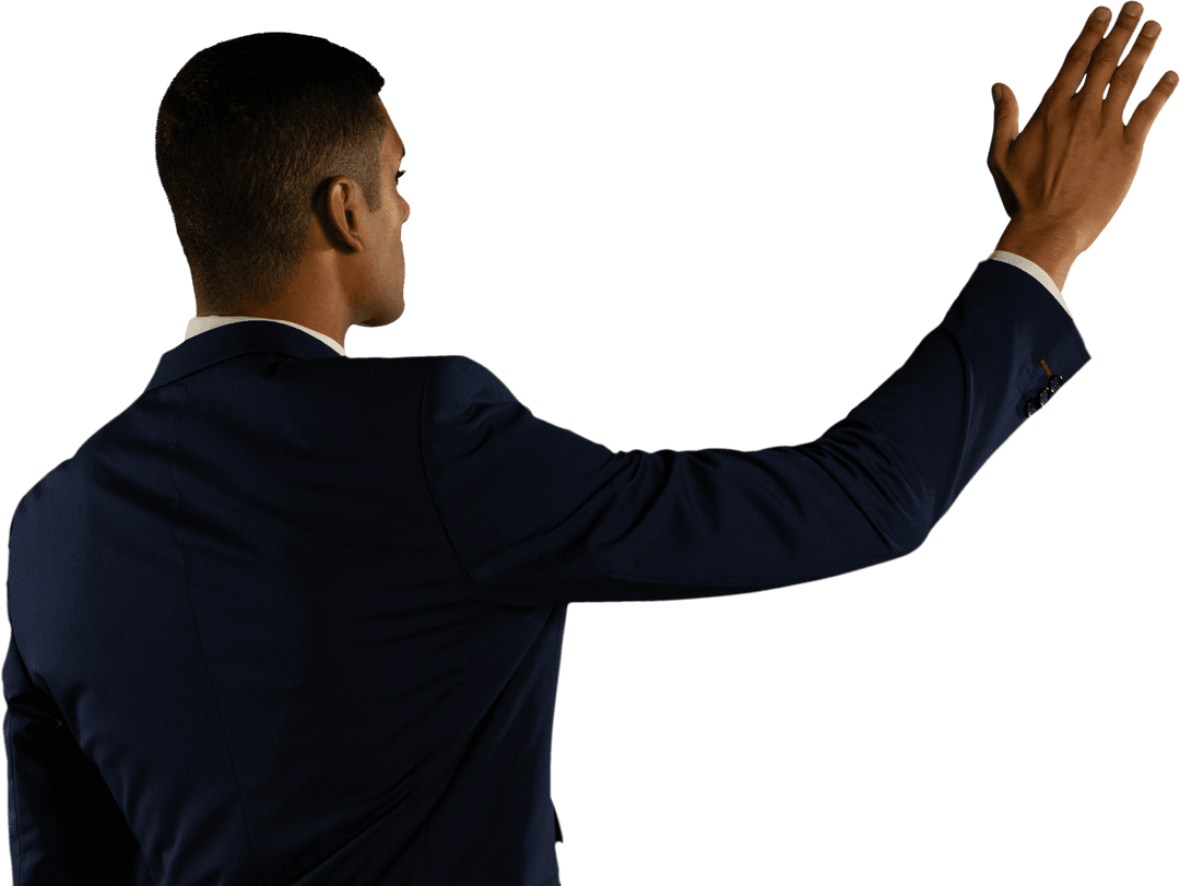 Transparent Businessman in Suit Touching Virtual Interface