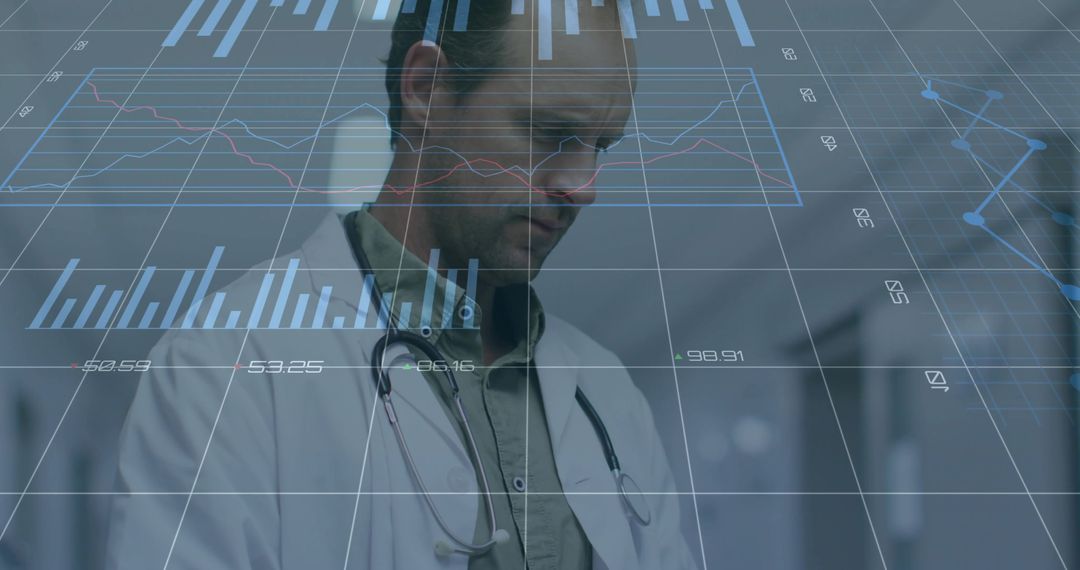 Doctor Analyzing Floating Charts in Futuristic Medical Corridor