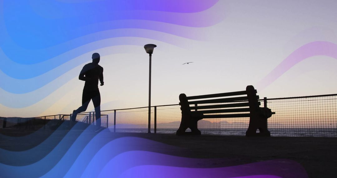 Silhouette of Runner at Beach with Digital Abstract Overlay