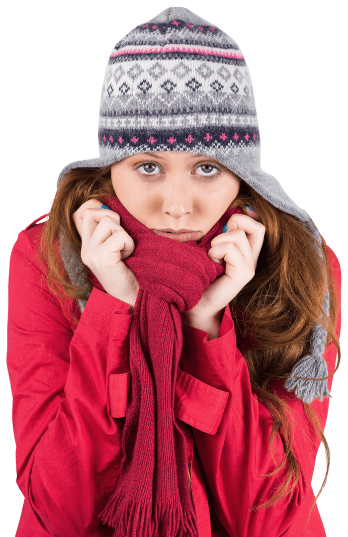 Redhead Bundled in Winter Coat and Hat on Transparent Background