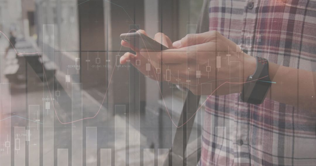 Finance Data Processing Overlayed as Person Uses Smartphone