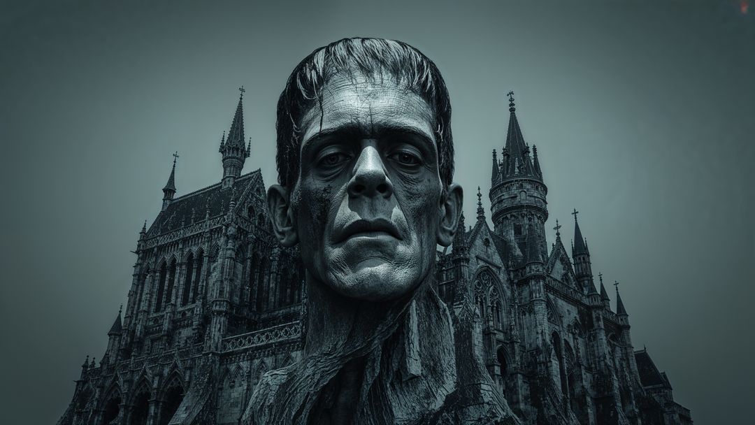 Frankenstein's monster overlooking ancient cathedral