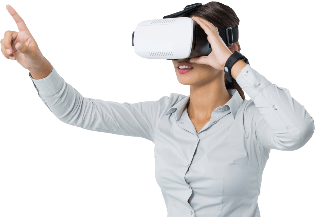 Businesswoman Using Transparent VR Headset for Virtual Interaction