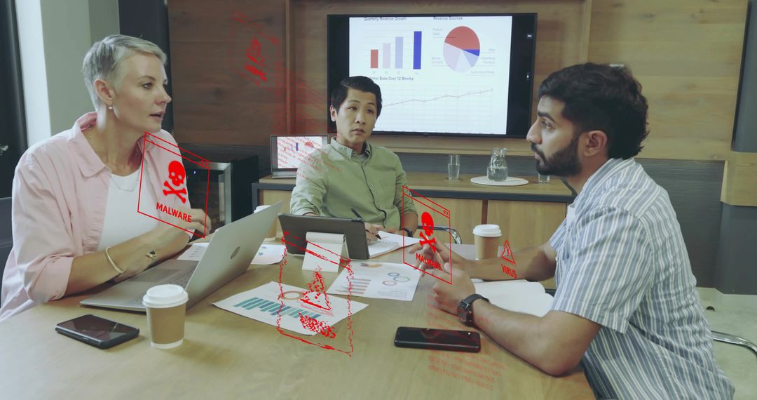 Business Team Reviews Malware Alerts In Technology-Driven Meeting