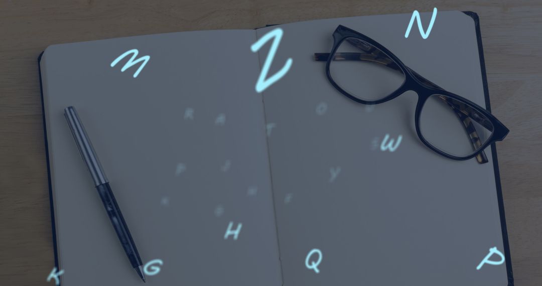Floating Alphabets Over Open Notebook and Glasses for Education Theme