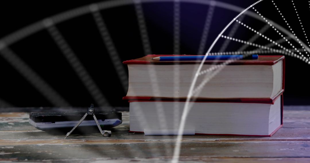Stack of Red-Bound Books with Drawing Tools Compass and Calculator