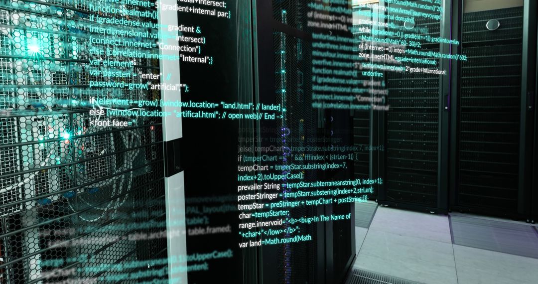 Data Processing Overlay on Server Room with Blue Lighting