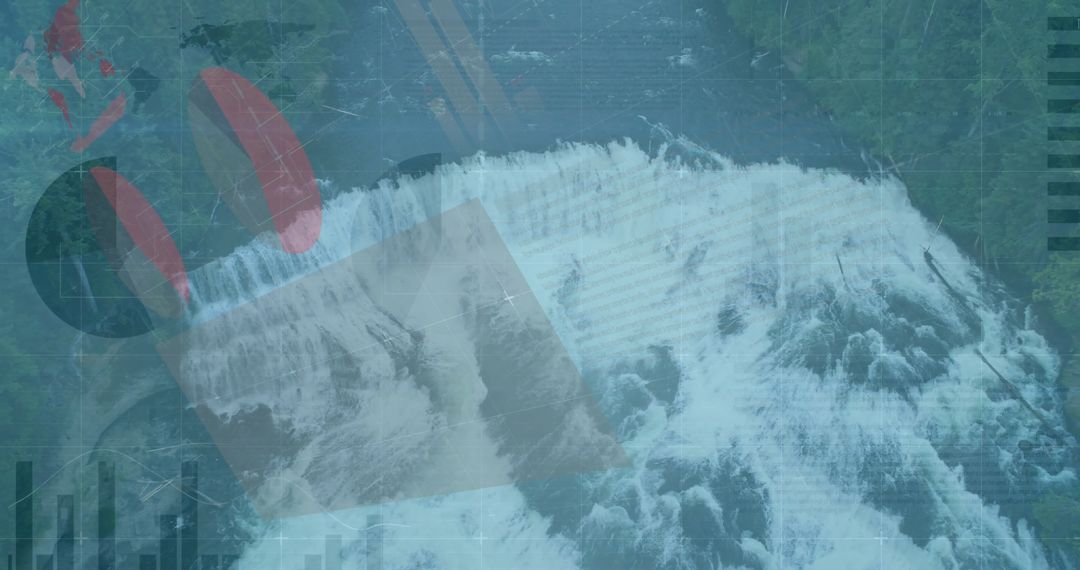 Waterfall with Digital Infographics Overlay in Forest Setting