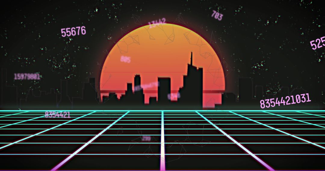 Retro Futuristic Digital Landscape with City Silhouette