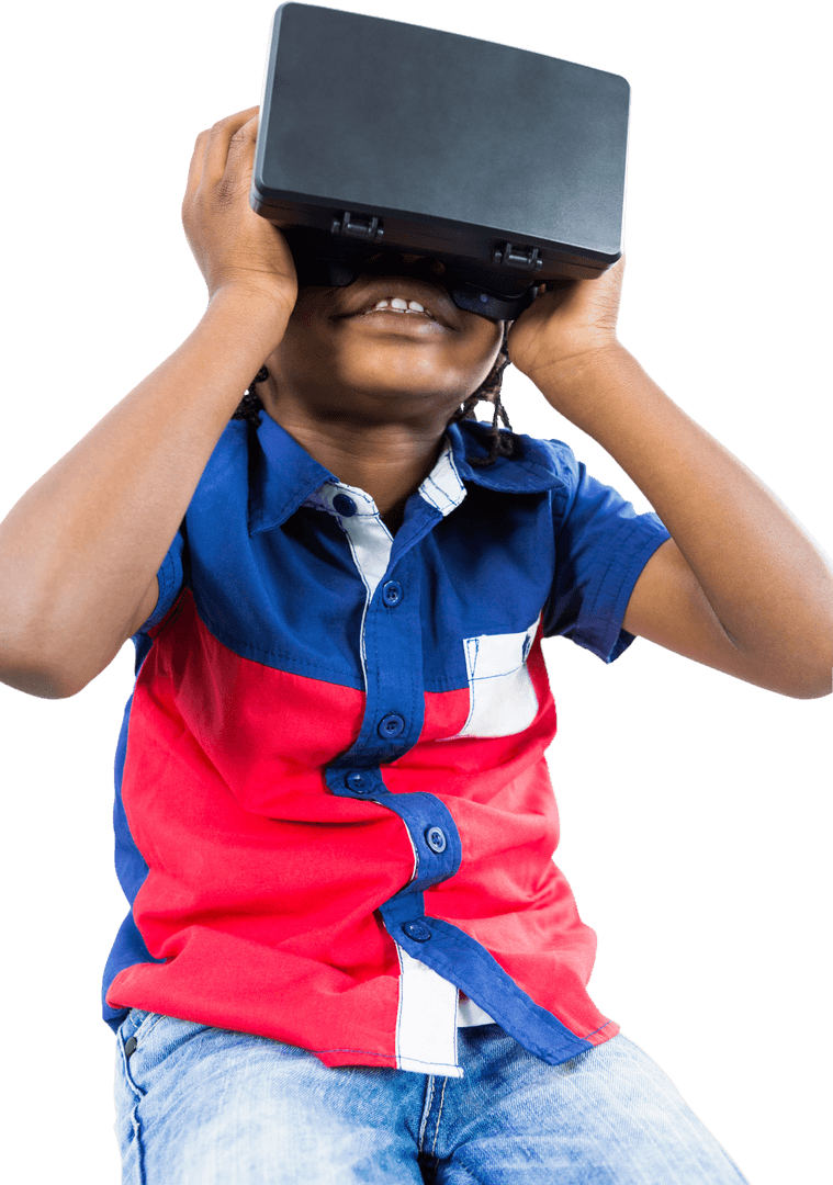 Child Exploring Virtual Reality with Headset on Transparent Background
