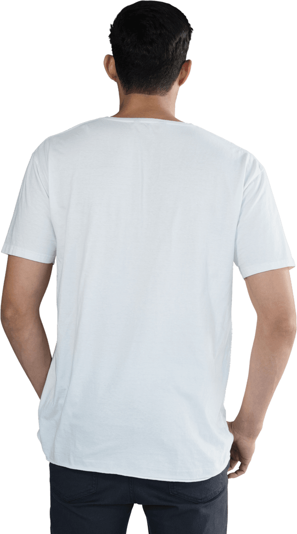 Rear View of Man Posing in White T-Shirt Against Transparent Background