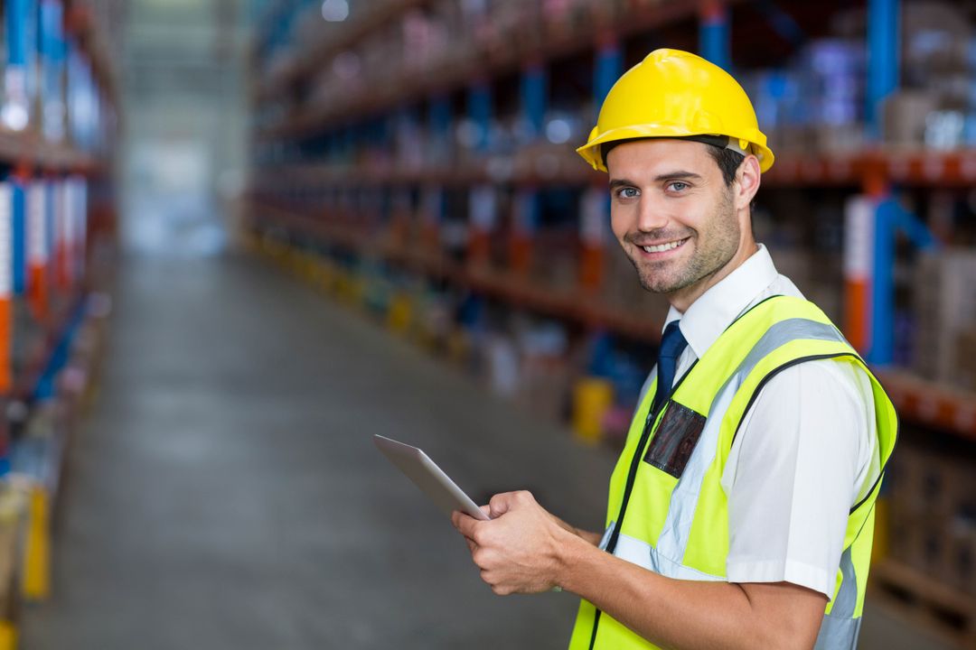 Warehouse Supervisor Managing Inventory with Digital Tablet