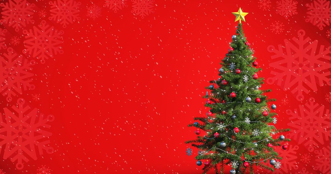 Christmas Tree with Falling Snow on Red Background