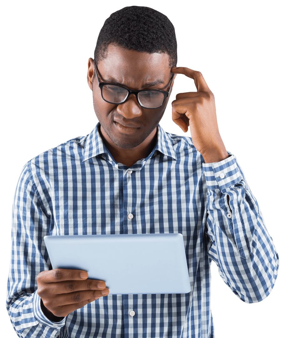 Transparent Background Thoughtful Man Holding Tablet Indoors Checkered Shirt