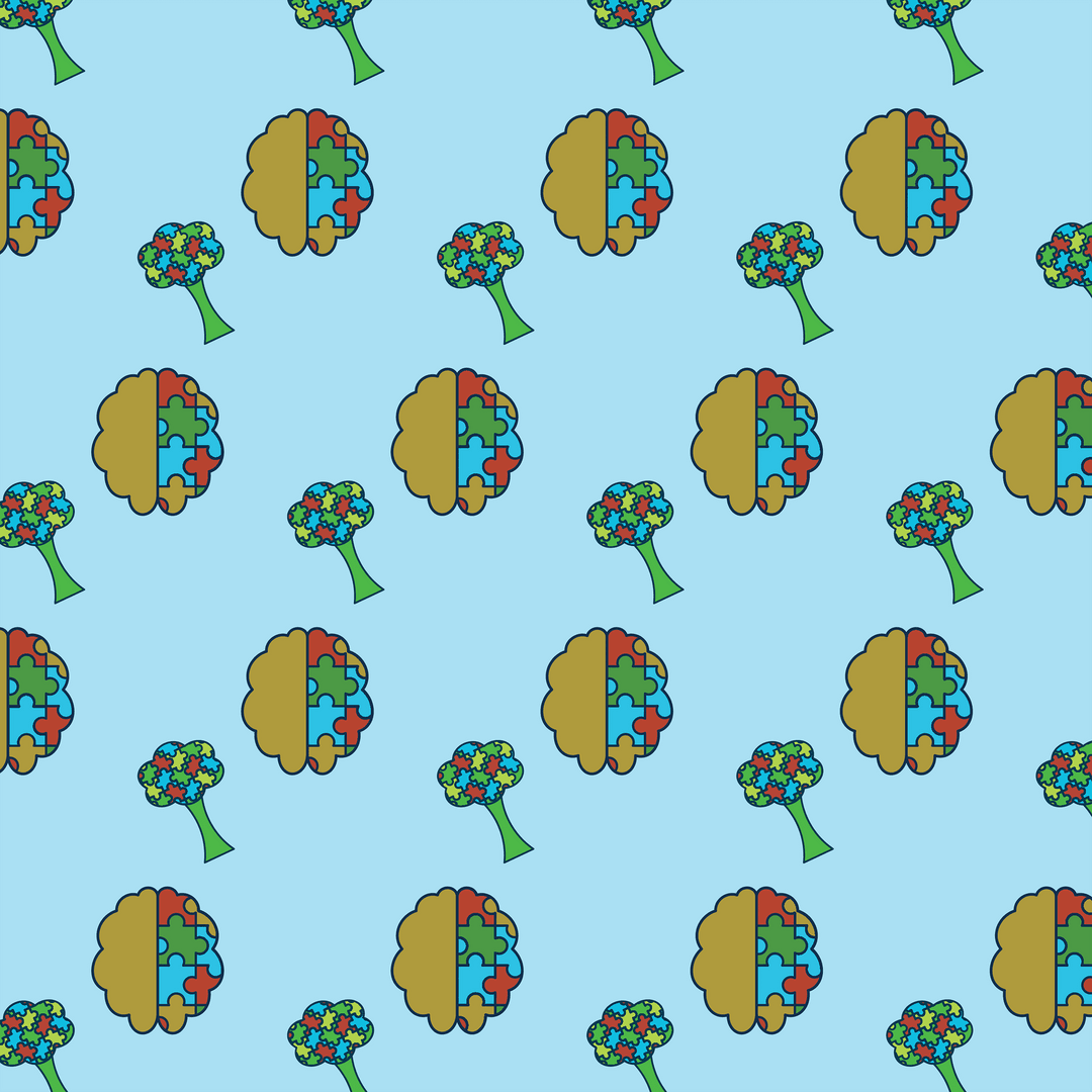 Autism Awareness Puzzle Brain and Tree Pattern on Transparent Background