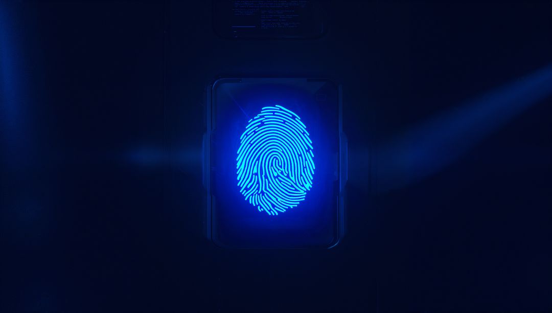 Futuristic Blue Fingerprint Hologram on Biometric Scanner