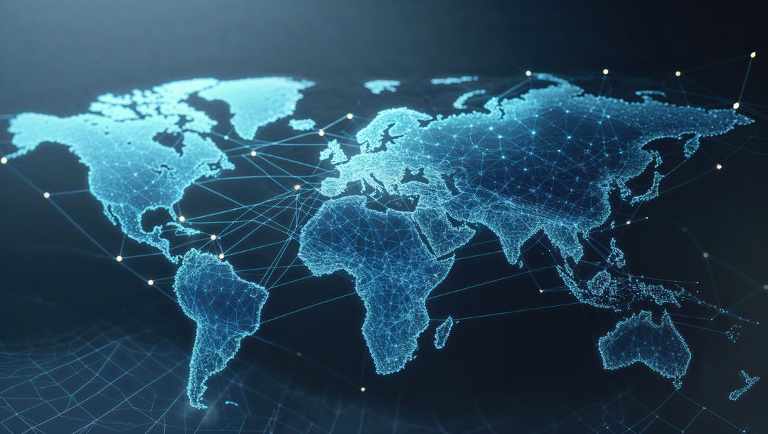 Digital World Map with Connected Glowing Nodes and Lines