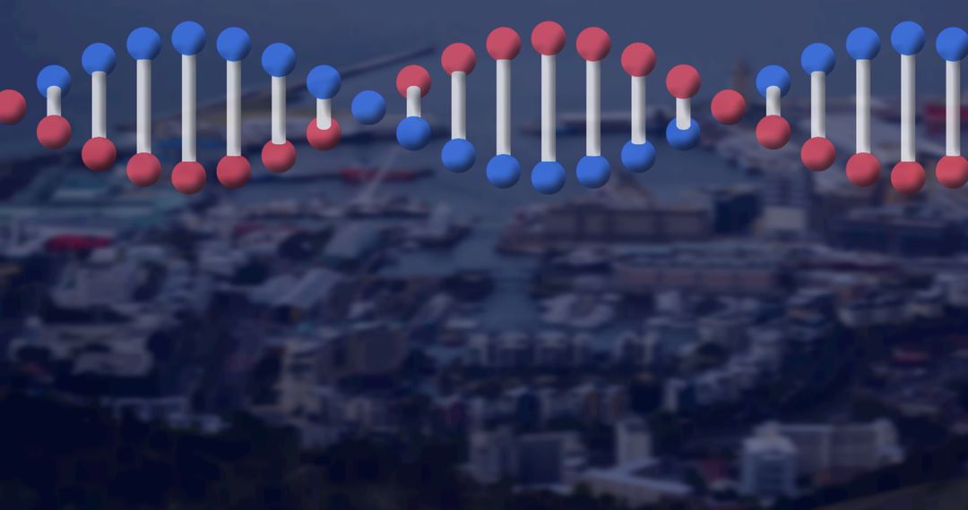 Digital DNA Strand over Cityscape Illustrating Technology and Innovation