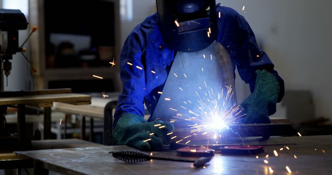 Welder in Protective Gear Welding Metal in Workshop - Free Images, Stock Photos and Pictures on Pikwizard.com