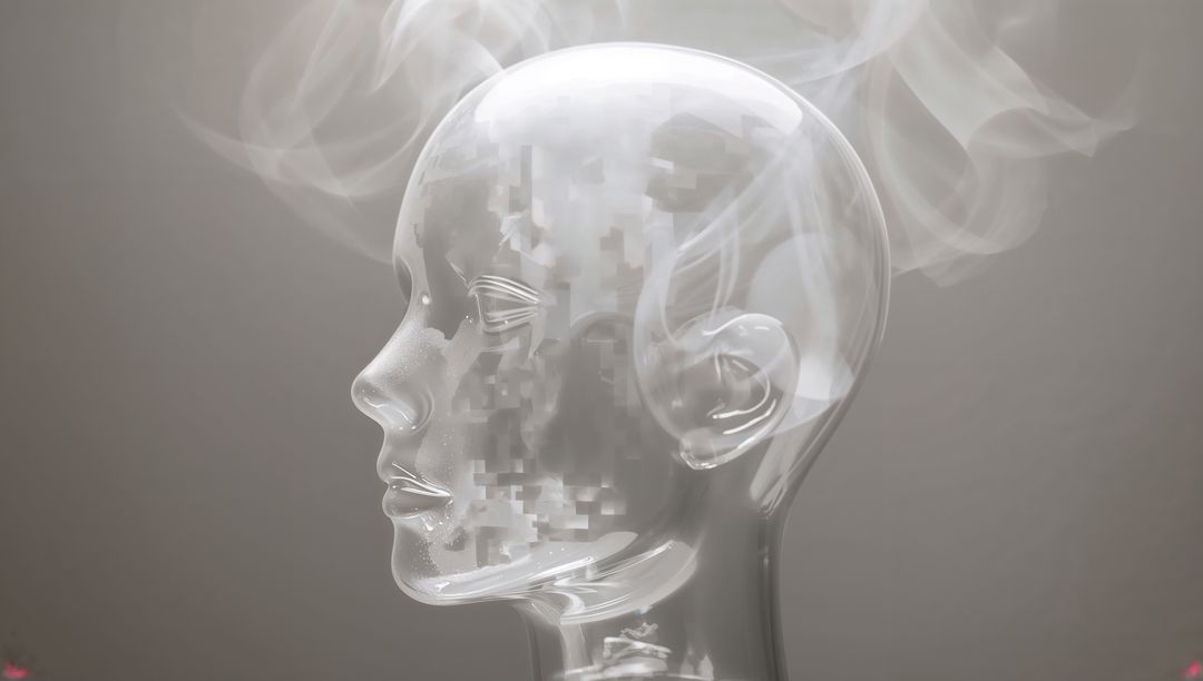 Translucent Glass Head with Pixelated Face and Ethereal Vapor for Futuristic AI Concept