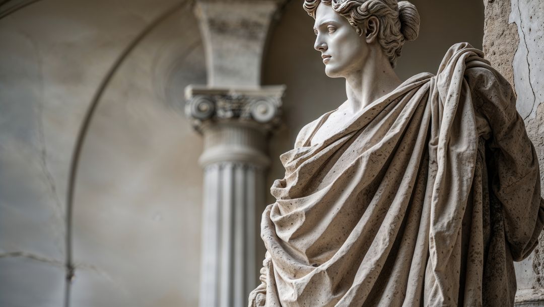 Marble statue displayed in gallery with corinthian architecture in trieste, italy