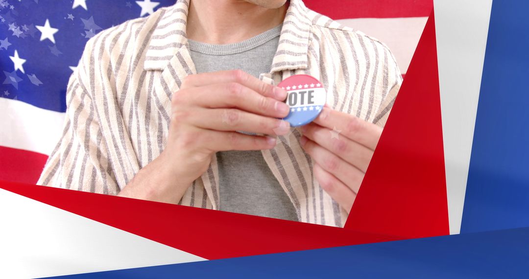 Diverse Individual Displaying Vote Badge in Front of American Flag
