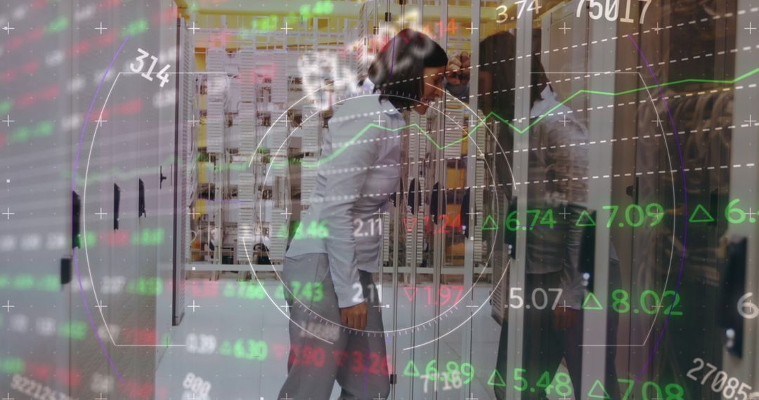 Caucasian IT Engineer Experiencing Stress in Data Center with Stock Market Overlay