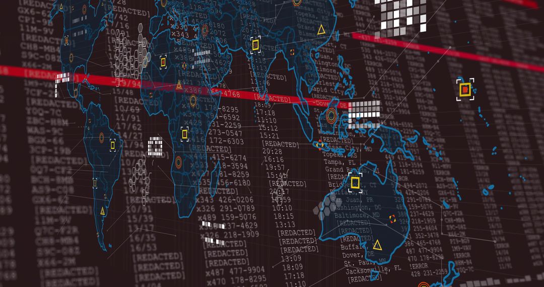 Global Cybersecurity Threat Map Showing Redacted Data, Real-Time Scan Lines, Neon Analytics