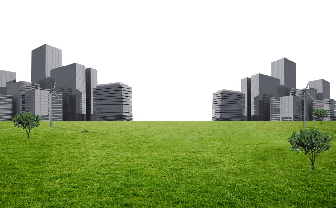 Transparent Urban Landscape with Meadow and Windmills