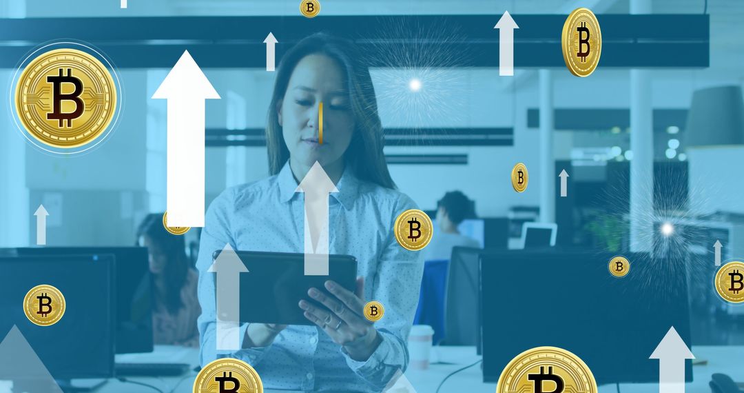 Asian Businesswoman Using Tablet with Bitcoin Graphics