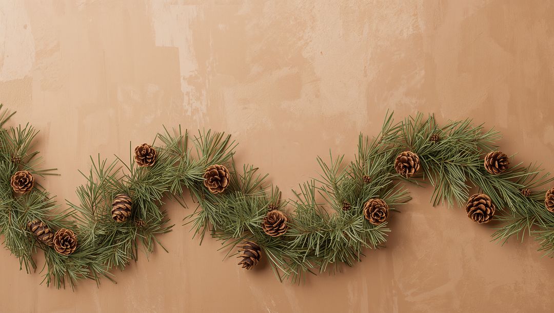 Rustic Pine Garland Weaving S-Shape with Pinecones on Warm Tan Textured Backdrop