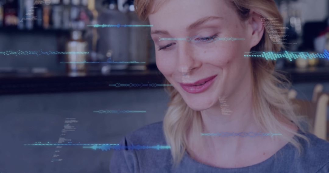 Woman Engaging with Digital Interfaces in a Relaxed Café Setting