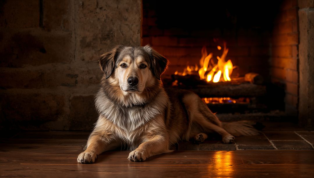 Long-coated dog lying and gazing by roaring brick fireplace, warm firelight reflecting