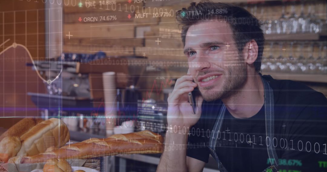 Cafe Waiter Discusses Stock Data on Smartphone in Tech-Infused Cafe