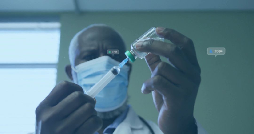 Doctor Preparing Injection in Clinical Environment with Digital Overlays