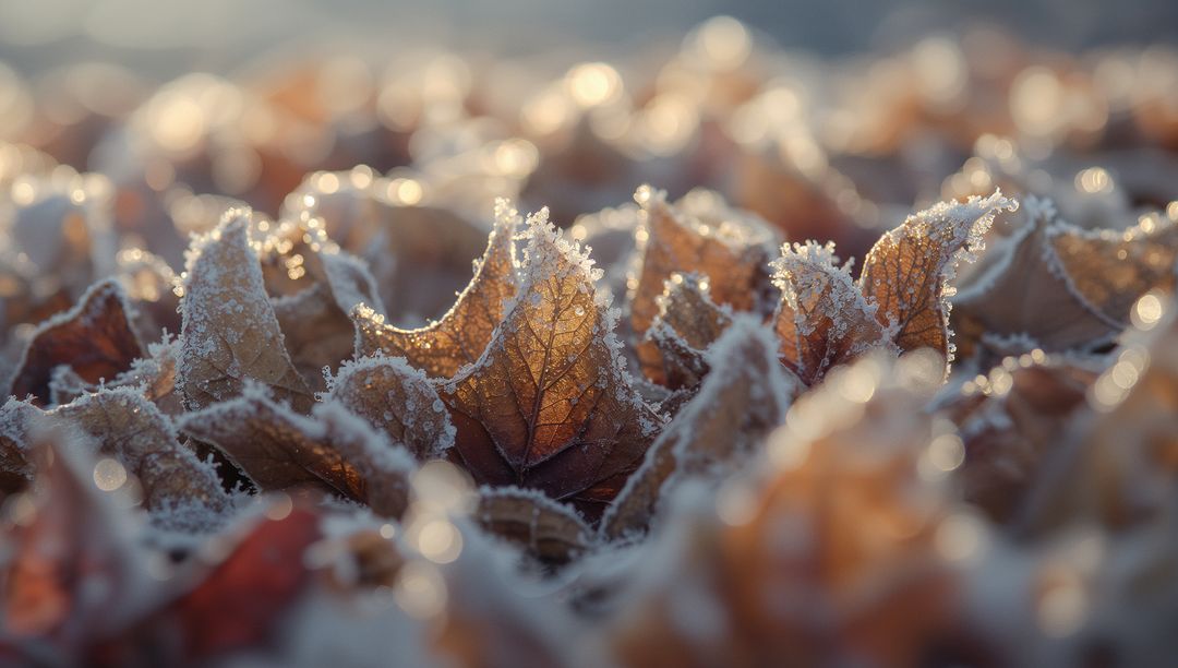 Frost-Covered Leaf Cluster Sparkling in Sunlight