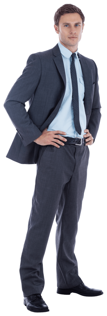 Confident Businessman in Gray Suit with Hands on Hips, Transparent Background