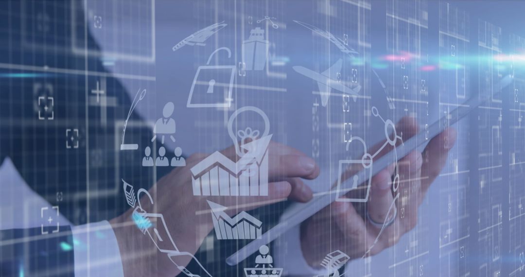 Businessman Utilizing Tablet with Holographic Data Interface